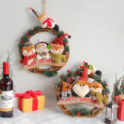 Christmas Snowman Old Man Rattan Wreath Door Hanging Doll Rattan Ring Decorative Pendant Window Decoration Supplies