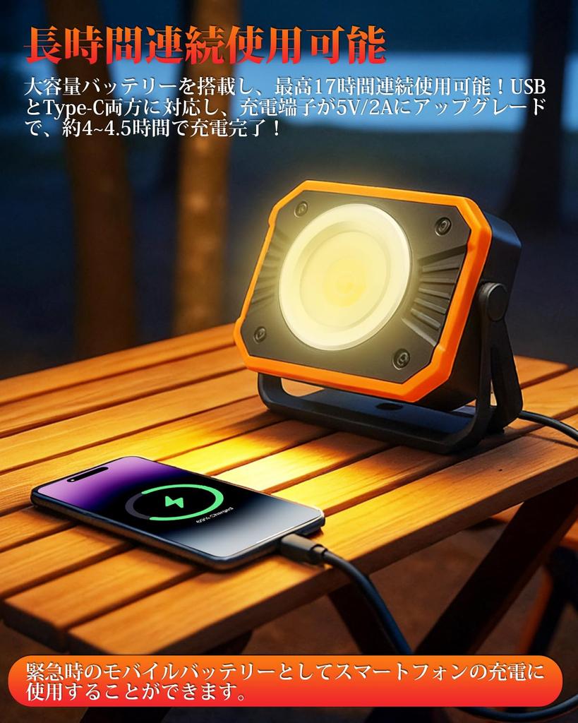 Kitazawa Shoji LED Floodlight with 4-Level Dimming and Color Adjustment, High Brightness, COB Light, LED Work Light, USB Rechargeable, Powerful Magnet