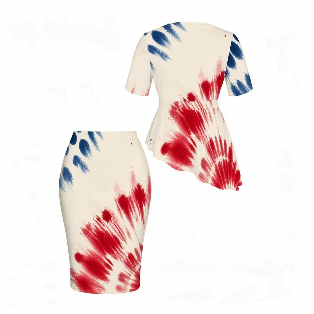 Women Plus Size Round Neck Short Sleeve Navy Blue Printed Asymmetric Top Fitted Skirt Two Piece Set