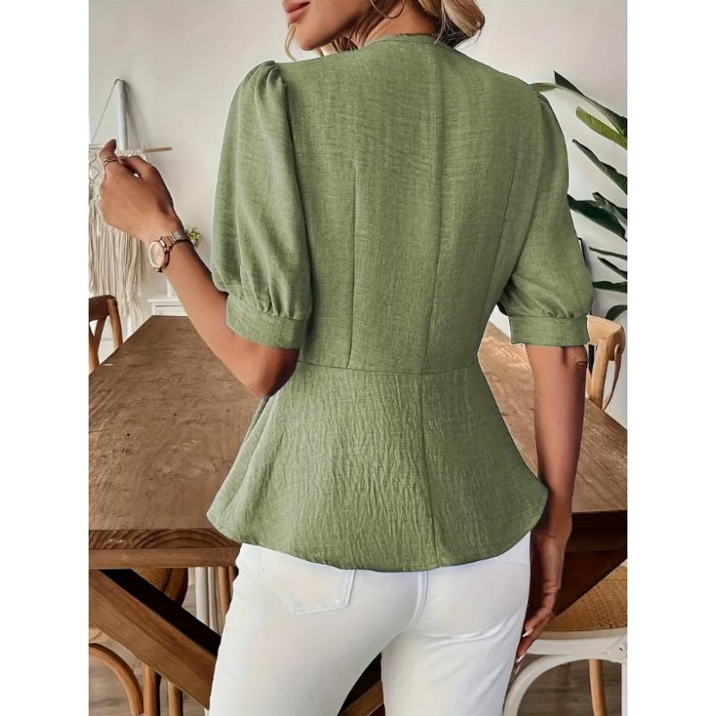 Damenbekleidung Sommerhemd Mit Elegantem V-Ausschnitt Aufgebauschte Kurze Ärmel Einfarbig Schlank Geschnitten Bluse Für Damen