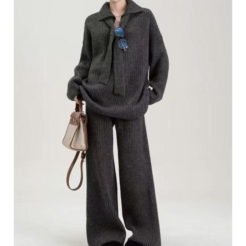 

Simple gray sweater women s two-piece set autumn and winter new lace-up Polo neck knitted set one size fits all