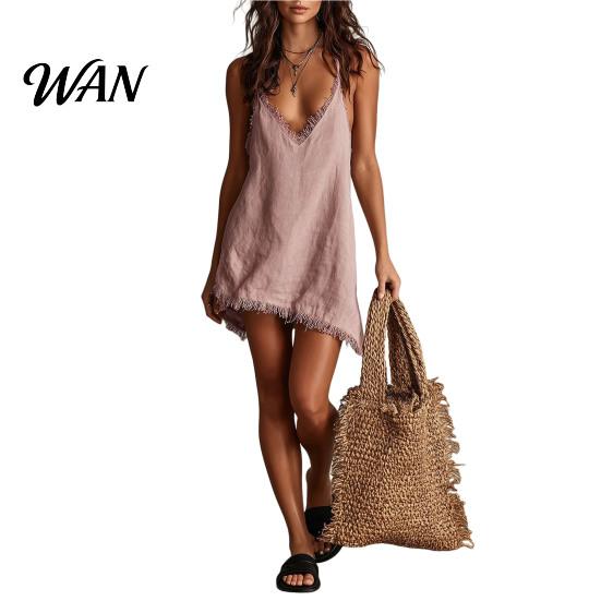 Party Dress Women Short Summer Fringed Deep V Neck Sleeveless Slip Elegant Casual Loose Boho Beach Spaghetti Strap Above Knee Mini