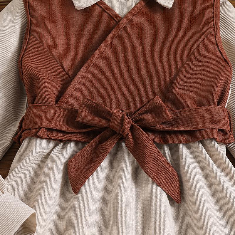 Girls' Outfit Children's Clothing Autumn New Vintage Belt Vest Elegant Long Sleeve Dress Two-Piece Set