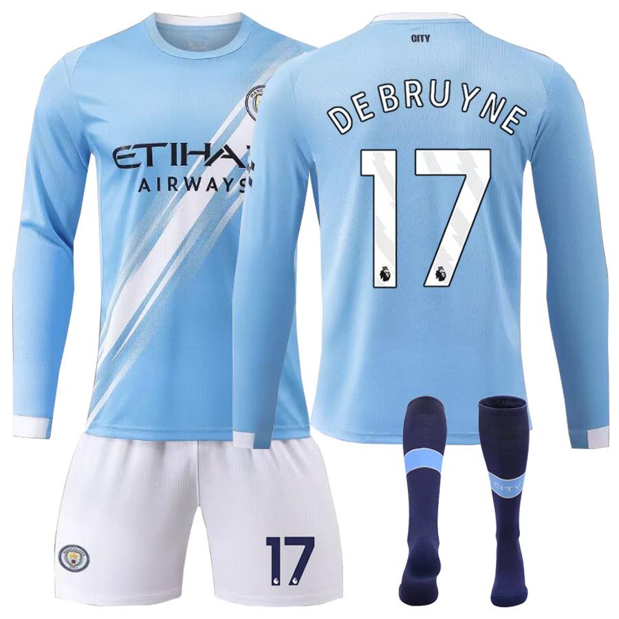 Set Maglia a Maniche Lunghe da Casa per Bambini del Manchester City: Haaland #9, Foden #47, Mahrez #7.