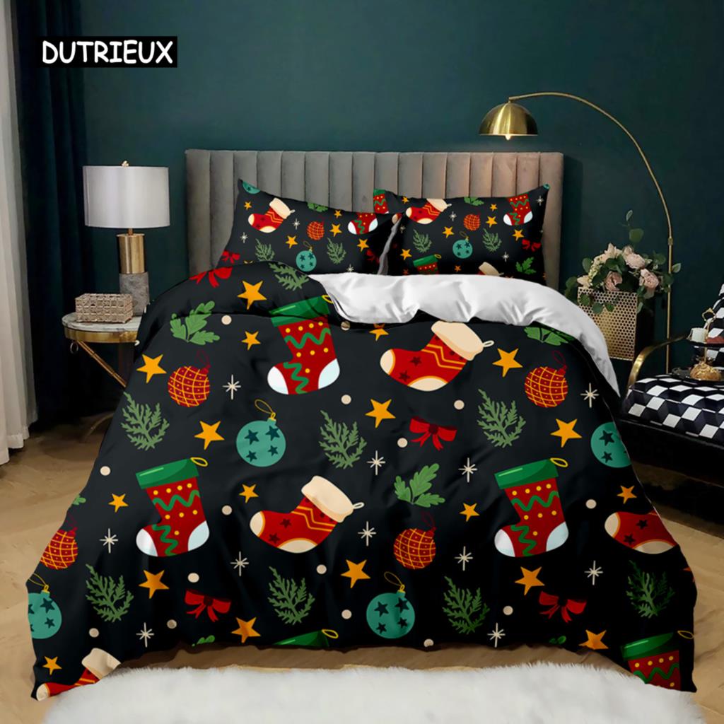 Christmas Duvet Cover Merry Christmas Tree Stockings Green Background Twin Bedding Set Double Queen King Polyester Qulit Cover