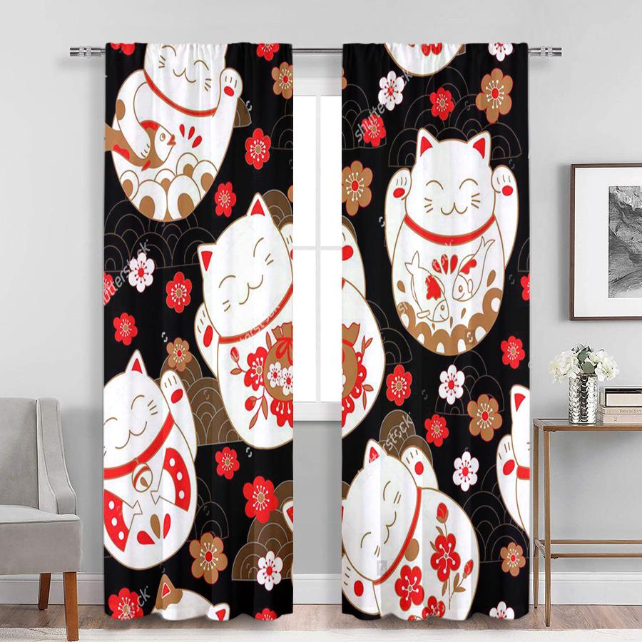 2PCS Digital Print Curtains, Black Maneki Neko Lucky Cat Red Sakura Pattern, Japanese Style for Bedroom Living Room Decor