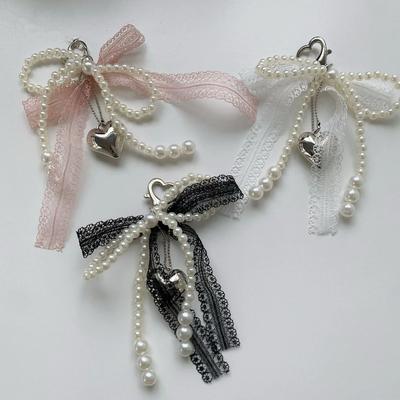 Lace Bowknot Keychain Imitation Pearls Beaded Pendant Keyring for Women Handbag Backpack Key Chain Ornament