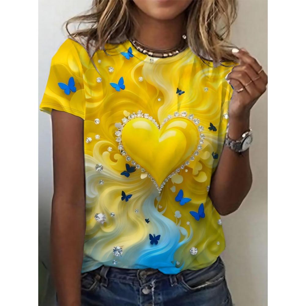 Large Size Women'S Digital Printed Short Sleeved T-shirt Crew Neck Slight Stretch Fabric, Regular Sleeve, All Seasons