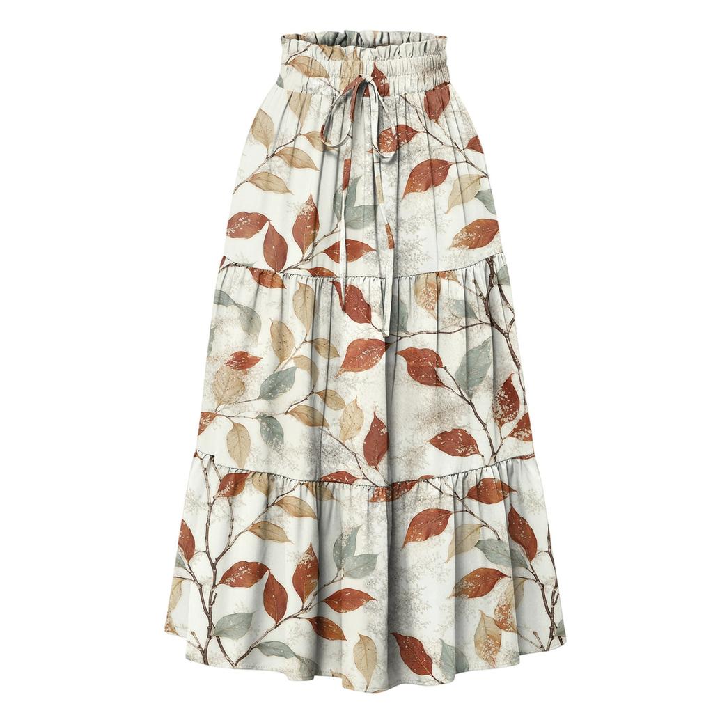 Womens Maxi Skirt Drawstring High Waisted Summer Long Skirts Lightweight Tiered Flowy Floral Pleated Skirts