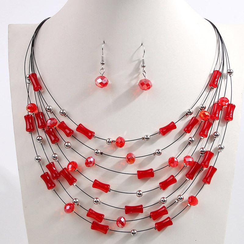 Ethnic Boho Multilayer Crystal Beads Necklace Earrings for Women Bohemian Jewelry Set Party Wedding Statement Choker Collar