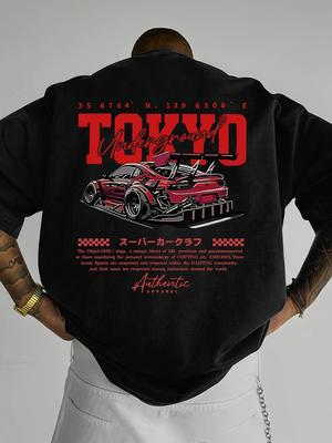 Ein kurzärmeliges T-Shirt für Herren aus 100 % Polyestergewebe, bedruckt mit dem Muster von Tokio, modisches lässiges Oberteil mit Rundhalsausschnitt