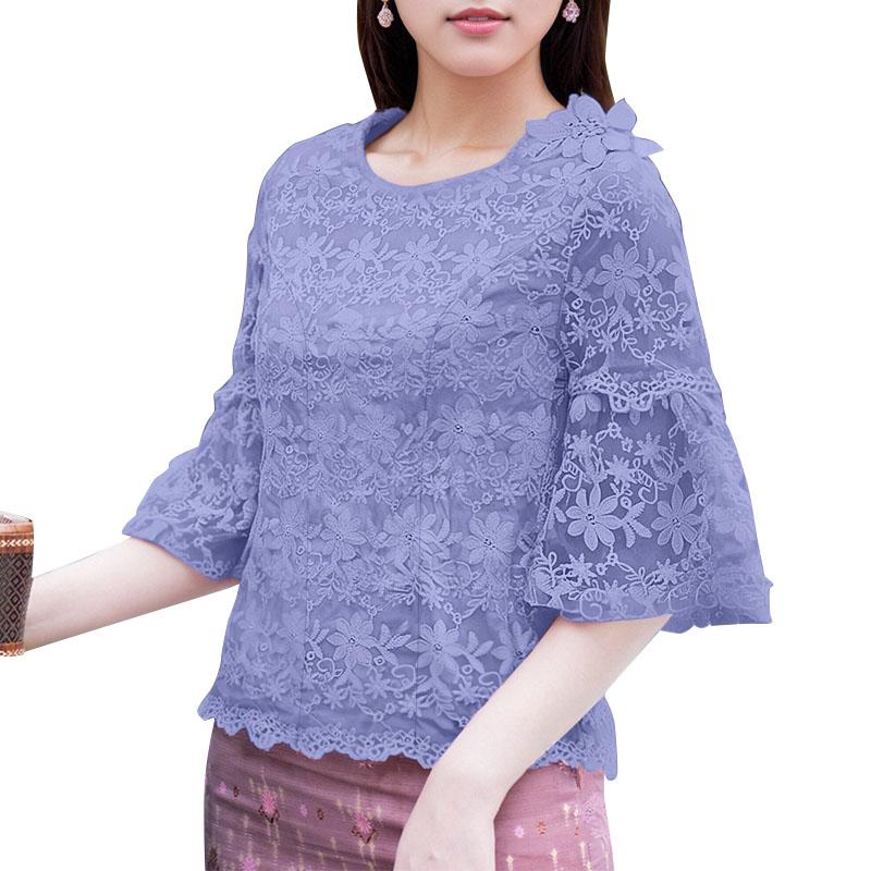 ZANZEA Kvinner Casual Rund Hals Halv Erme Bluse med Blonde Patchwork