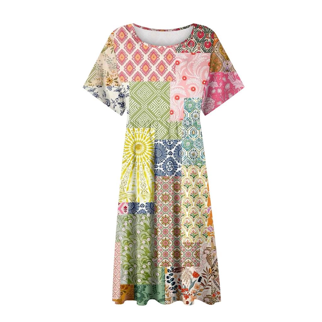 Rochie midi casual de damă cu gât rotund, mânecă scurtă și imprimeu retro