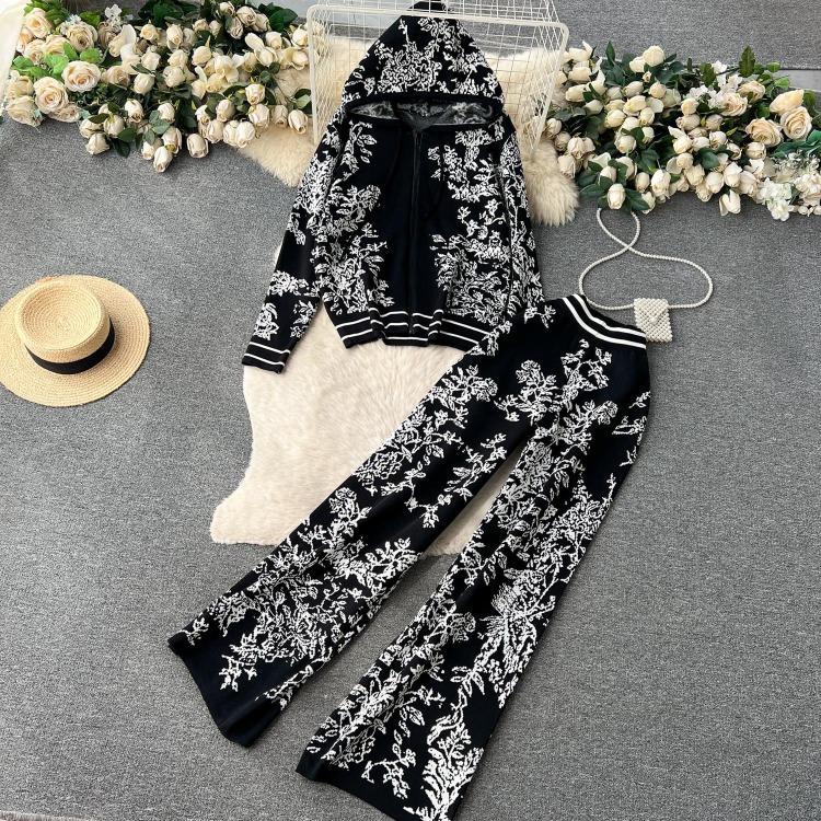 Damen Premium Print Kapuzenpullover Hohe Taille Weite Beinhosen Lässige Sport Strickwaren Zweiteiliges Set Mode Altersreduzierend