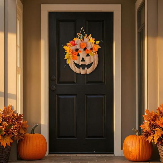 Decorazione Porta di Halloween per Portico Segno di Zucca in Legno con Luci LED, Ghirlanda Floreale Artificiale Ornamento Rustico da Fattoria Decorazioni Autunnali Finestra