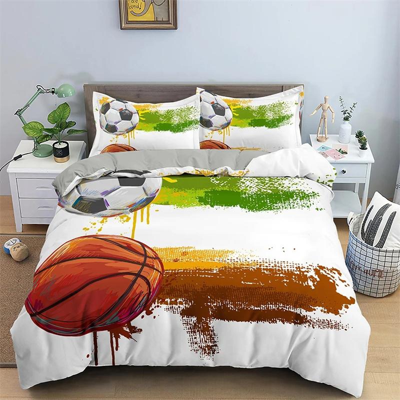 Basketball Duvet Cover Set Black 3D Ball Sports Theme Bedding Set Microfiber Basketball Court Competitive Games King Quilt Cover