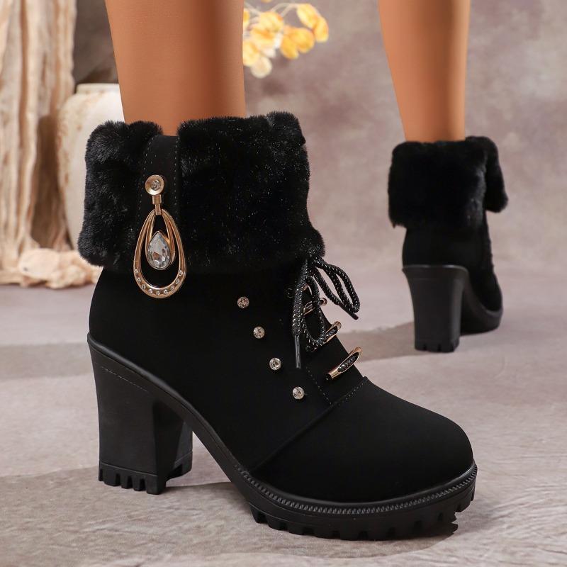 Mode Mode Hiver Femmes Bottines à Talons Carrés Chaudes Antidérapantes Fermeture Éclair Bottes de Neige Chaudes Talon Haut Bout Rond Bottes pour Femmes