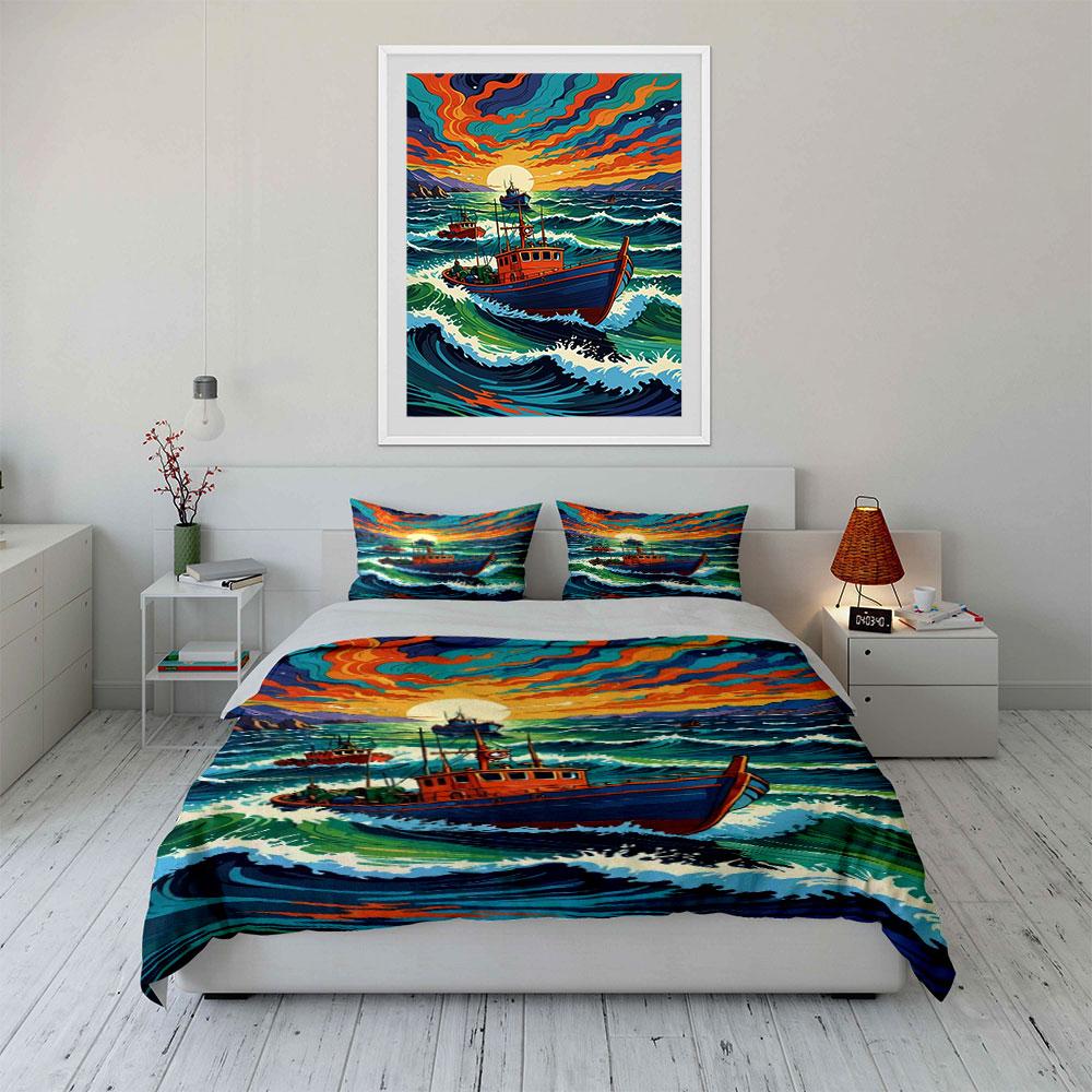 Boats on colorful waves. Bedding sets Duvet cover sets Duvet covers Pillowcases(1*Duvet Cover 2*Pillowcases without duvet insert)