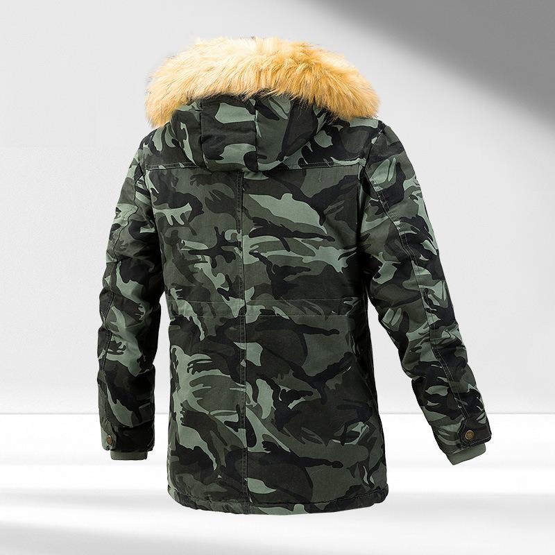 2025 Winter Hooded Men's Fleece Thickened Slim Mid-length Camouflage Cotton Jacket Men's Trendy Padded Clothing