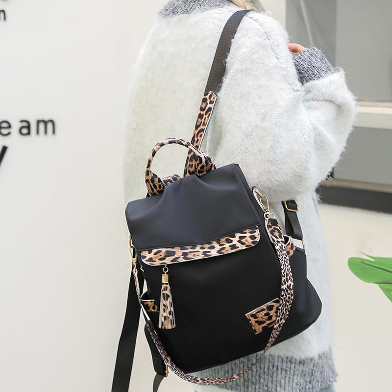 Nylon Leopard Print Women's Anti-theft Backpack Tassel Large Capacity Color Contrast Travel Backpack