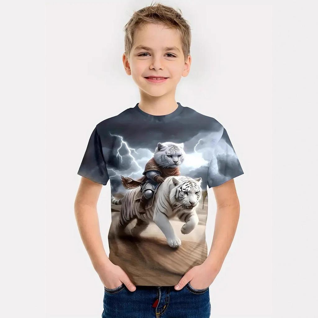 Summer Round Neck Cartoon Animal Pattern 3D Printed Top Fashionable Casual Short Sleeved Children's Boy T-shirts