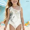 Girls One Shoulder Ruffle One Piece Marble Printed Swimsuit