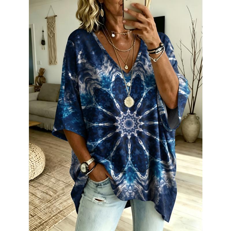 Boho Stammes Kurzarm V-Ausschnitt Hemd