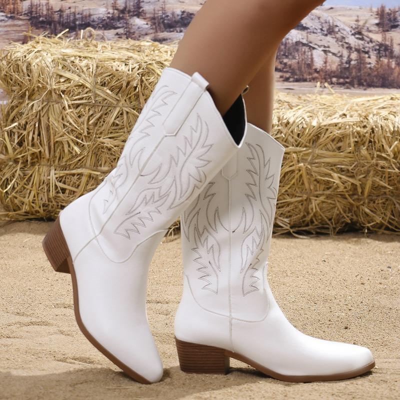Women's Mid-calf Boots High Quality Casual Leather Boot Pointed Embroidered Western Cowboy Boots for Women Vintage Knight Boots