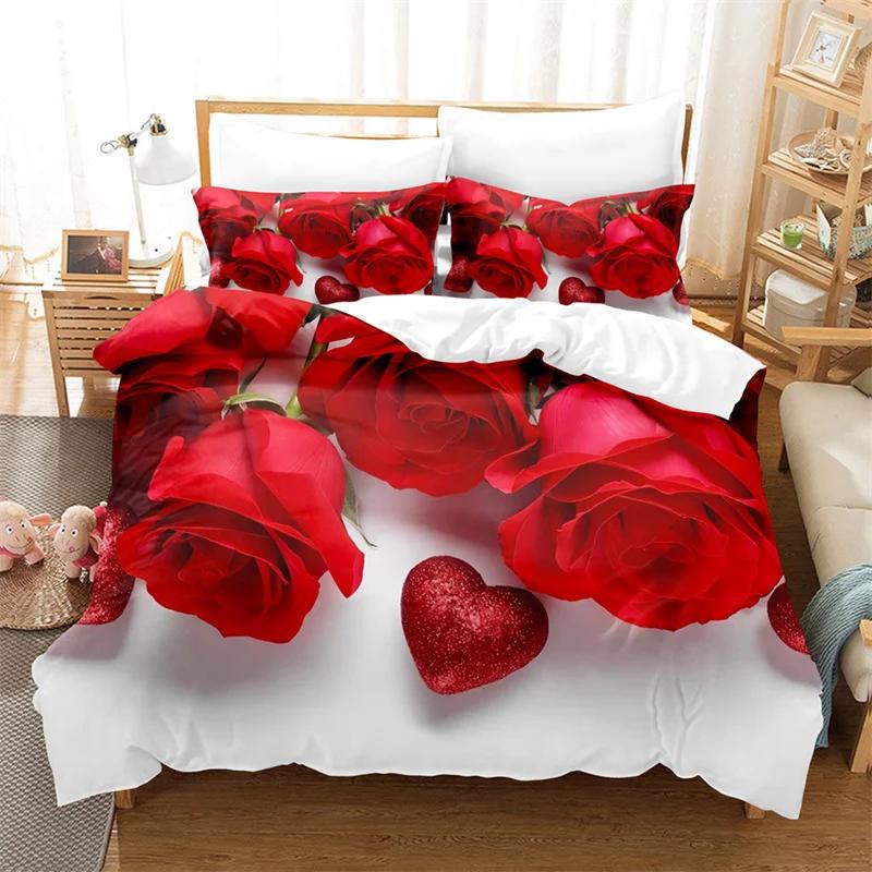 Red Rose Queen Size Duvet Cover 220X240 Bedding Set 3Pcs/2Pcs With Pillowcase Flower Quilt Cover For Double Bed Single Beds