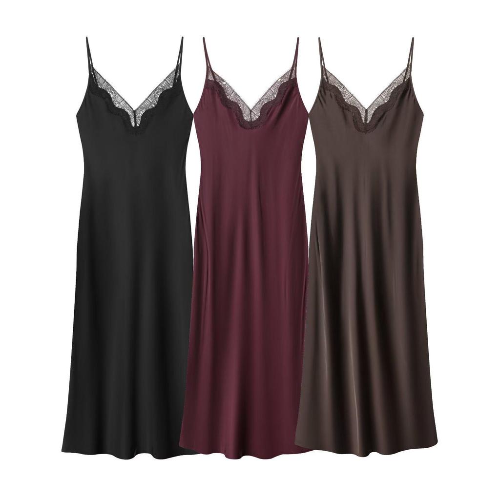 2025 Autumn European & American Style Women's Patchwork Lace V-Neck Open Back Spaghetti Strap Dress