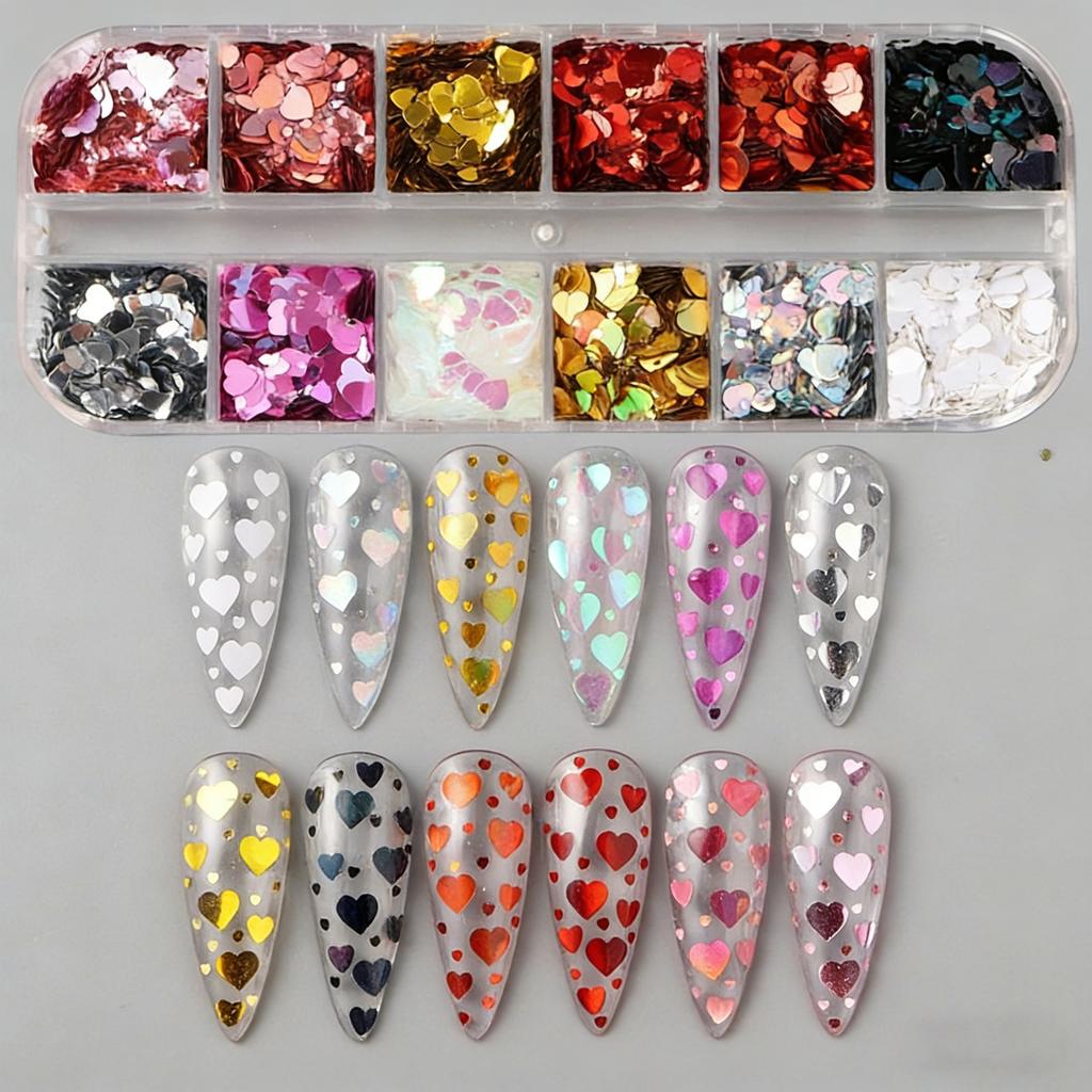 1 Box 12 Color Hearts Nail Glitter Love Nail Sequins  Rose Nail Flaking Sparkly Glitter Flaking Shiny Nail Glitter Valentine Nail Sequins Glitter