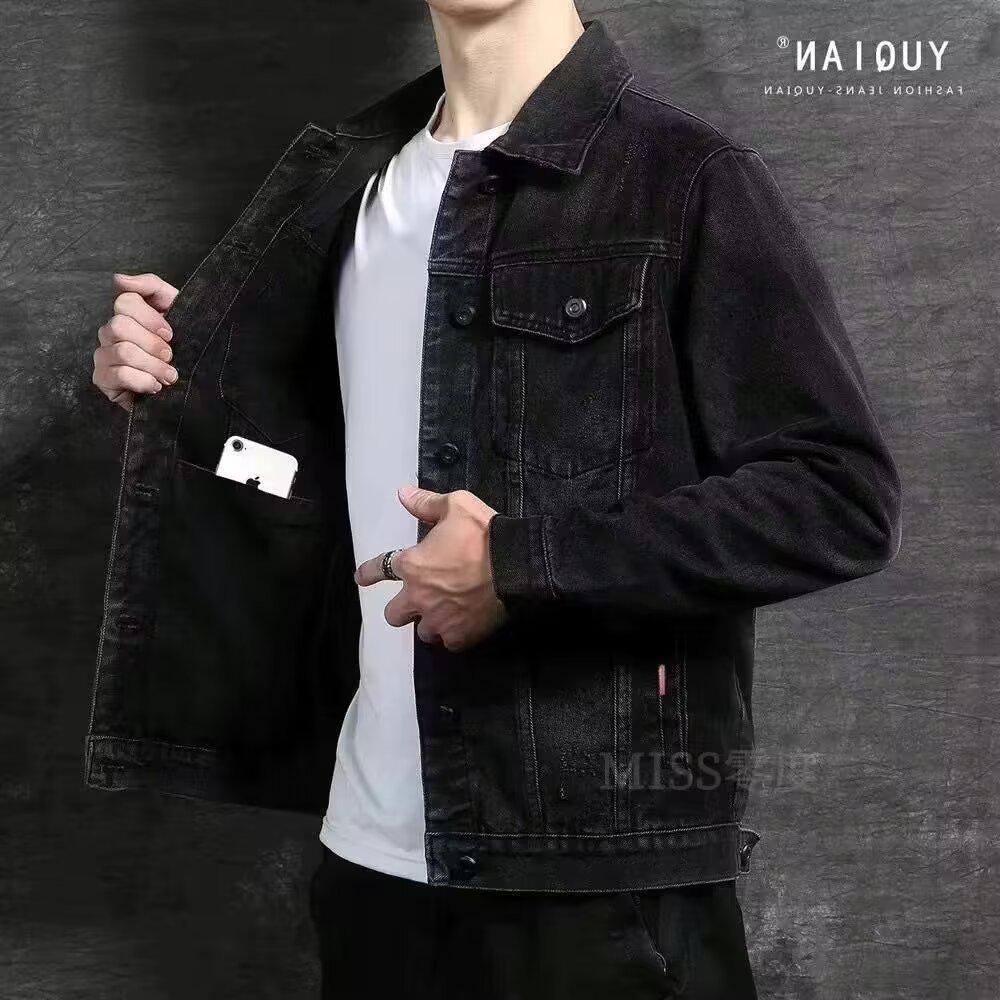 Trendy Men's Slim Fit Black Denim Jacket for Spring/Autumn - Youth Student Fashion
