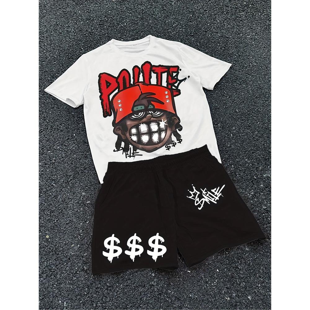 2026 New Spring American Hip-hop Style Men's Round-neck Top And Casual Shorts, Street Fashion Trend Men's Short-sleeved 2pcs Set