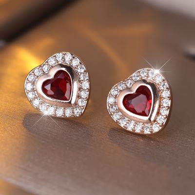 Rose Gold Heart Stud Earrings For Women Shiny Red Green Blue Zircon Small Stud Earrings Fashion Jewelry Party Gift