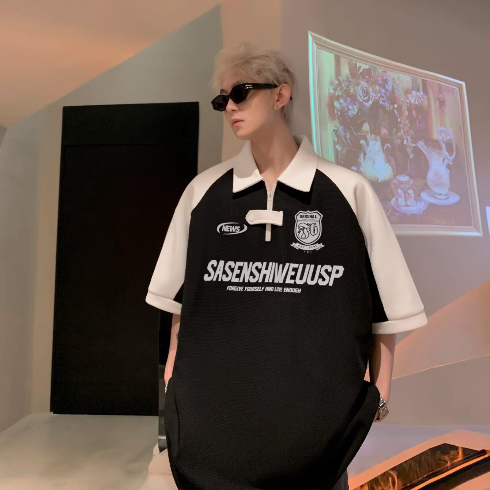 

Рубашка поло с коротким рукавом и лацканами, мужская модная брендовая летняя футболка в корейском стиле, облегающая, модная 2025 г., новая универсальная футболка, топ M чёрный