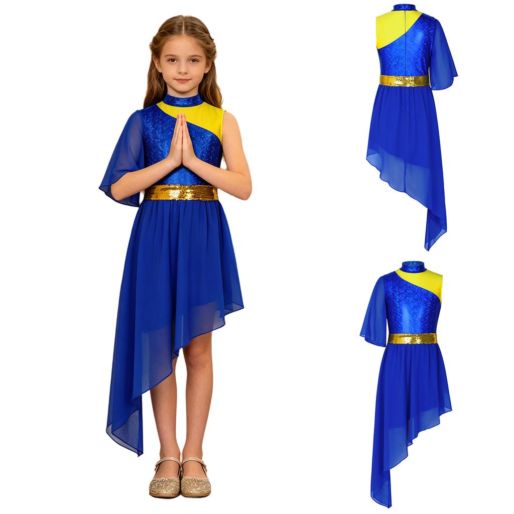 Kids Church Worship Dance Dress Metallic Bodice Asymmetrical Hem Sequin Belt Back Invisible Zipper for Praise Lyrical Stage Performance