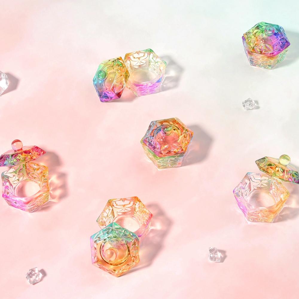 6PC křišťálové sklo akrylový prášek na tekutý kalíšek na nehty Barevný duhový Dappen Dish Víko Držák na misku Vybavení Nástroje na zdobení nehtů