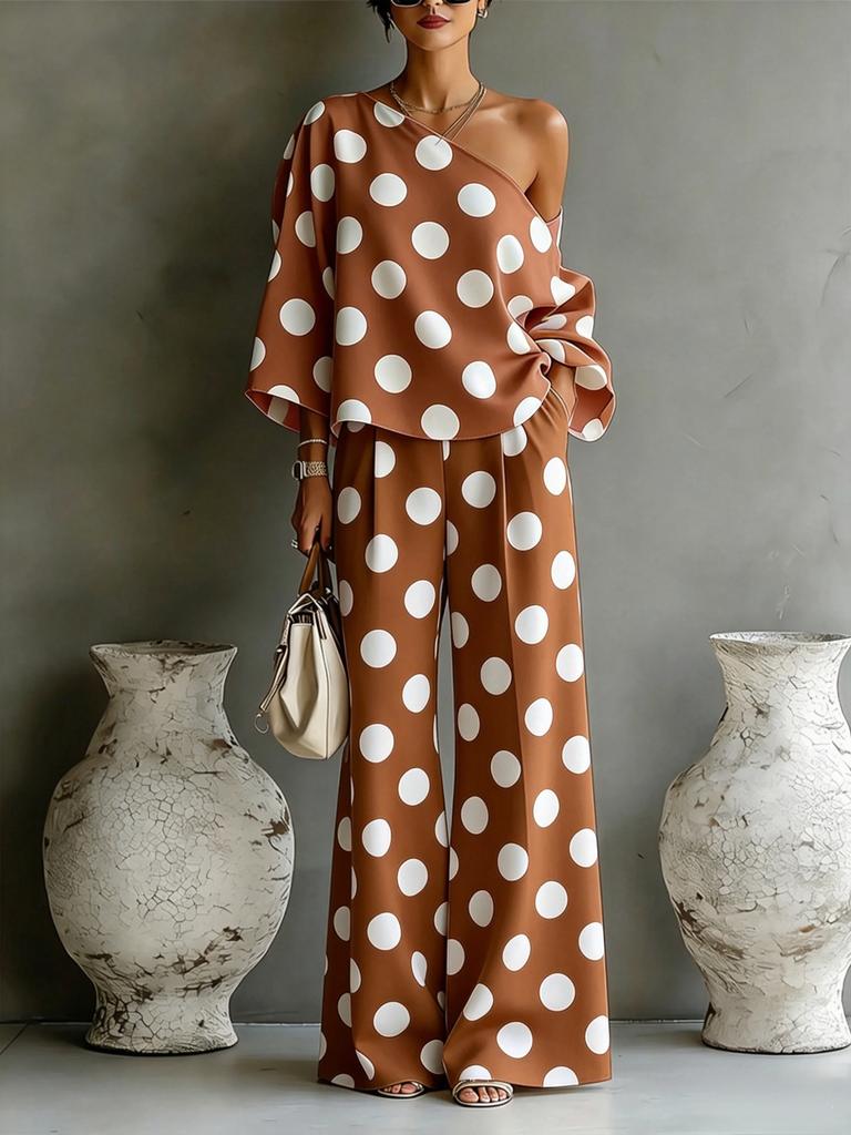 Buntes Polka-Dot Off-Shoulder Fließendes Zweiteiliges Hosen-Set für Damen