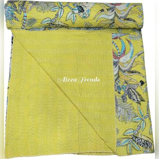Aizza Trends Handmade Pure Cotton Monkey Print Kantha Quilt  - Traditional Look Bed Spread Kantha Gudri - Vintage Hand Stitch Gudri