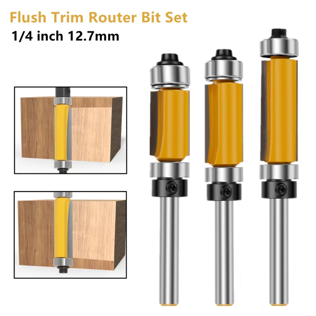 4PC Flush Trim Bit 1/4” Straight End Mill With Double Bearing Router Bit Woodworking Milling Cutter For Wood Bit End Milll Tools