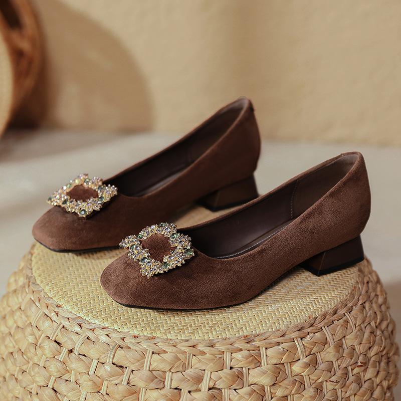 Square Head Low-heeled Single Shoes Women's 2025 New Spring and Autumn Women's Shoes Suede, Shallow Mouth Rhinestone Square Buckle, Not Tired of Thick