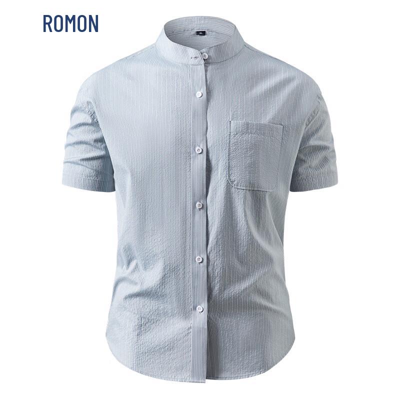Romon Men s Striped Stand-Collar Short-Sleeve Shirt L