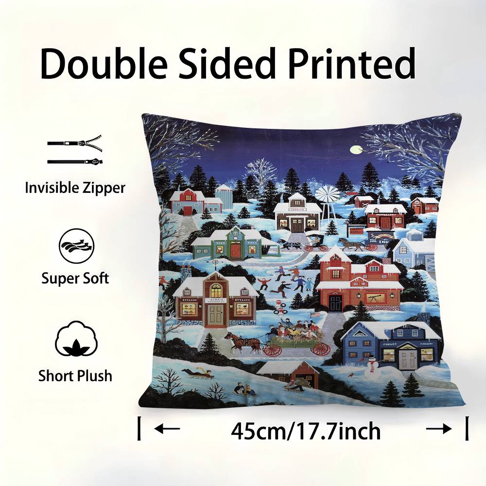 Winter Holiday Town 45*45cm Cushion Cover Pillow Cover Decor Pillowcase Home Pillowcase For Couch Pillow
