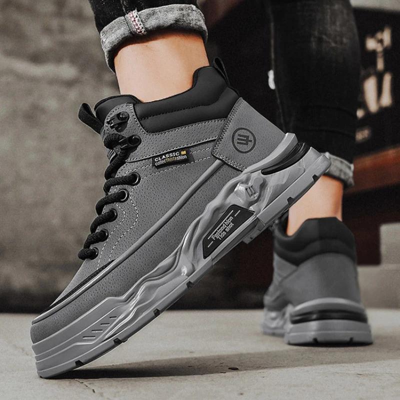 Height Increasing Sporty Men‘s Boots Spring Autumn Outdoor Casual Thick Sole High Top Durable British Vintage Youth Work Shoes