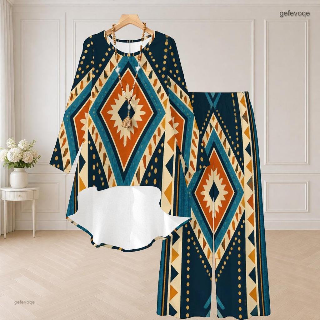 Women Plus Size Beige Brown Printed Round Neck Long Sleeve High Low Top Wide Leg Pants Two Piece Set