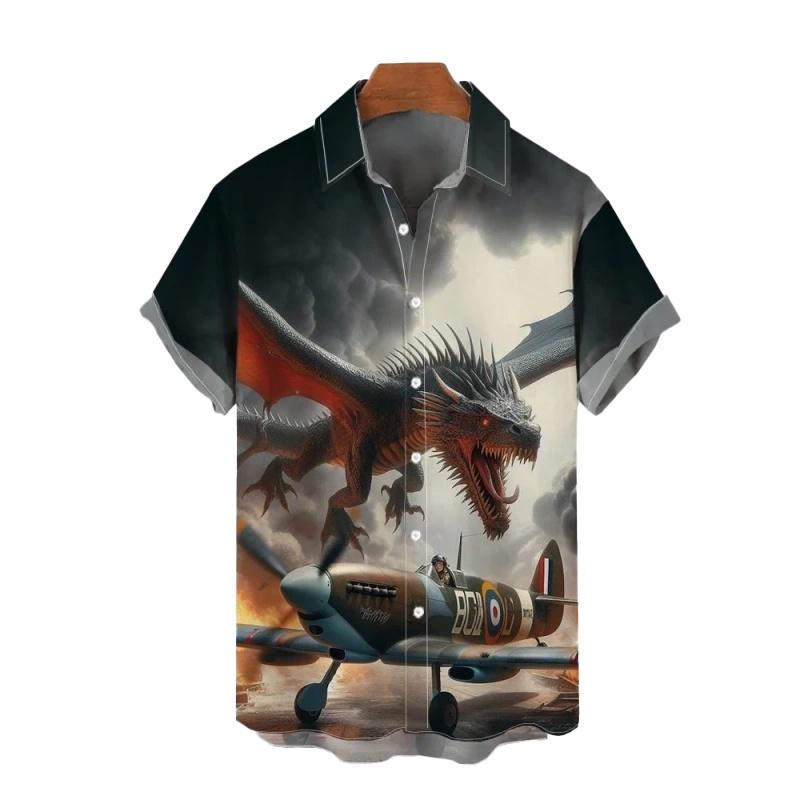 Hawaiian Shirt: Airplane Print Short Sleeved Quick Drying Beach Casual Party Holiday Shirt