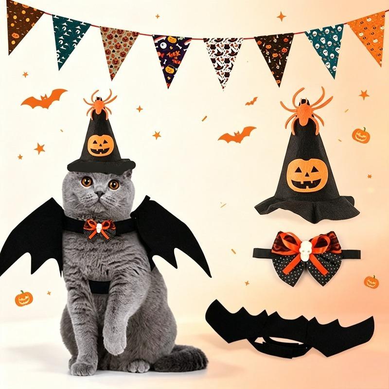 3×Halloween Pet Cat Costume Decoration Set - Bat Wings Collar Headband Accessories, Spooky Cute Cosplay Dress-Up Halloween Party