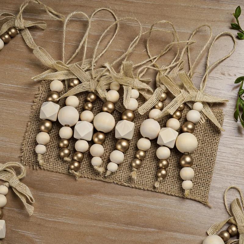 24pcs Bohemian Wooden Bead Christmas Tree Ornaments Natural Wood Beads & Gold Beads Bows Hanging Decor for Wreaths Holiday Trees