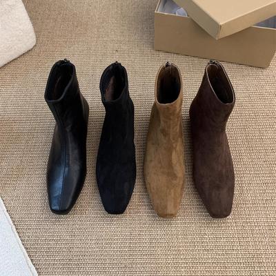 Korean Thick Heel Suede French Small Ankle Boots Square Head Thin Short Boots Women's Shoes Autumn and Winter New Martin Boots