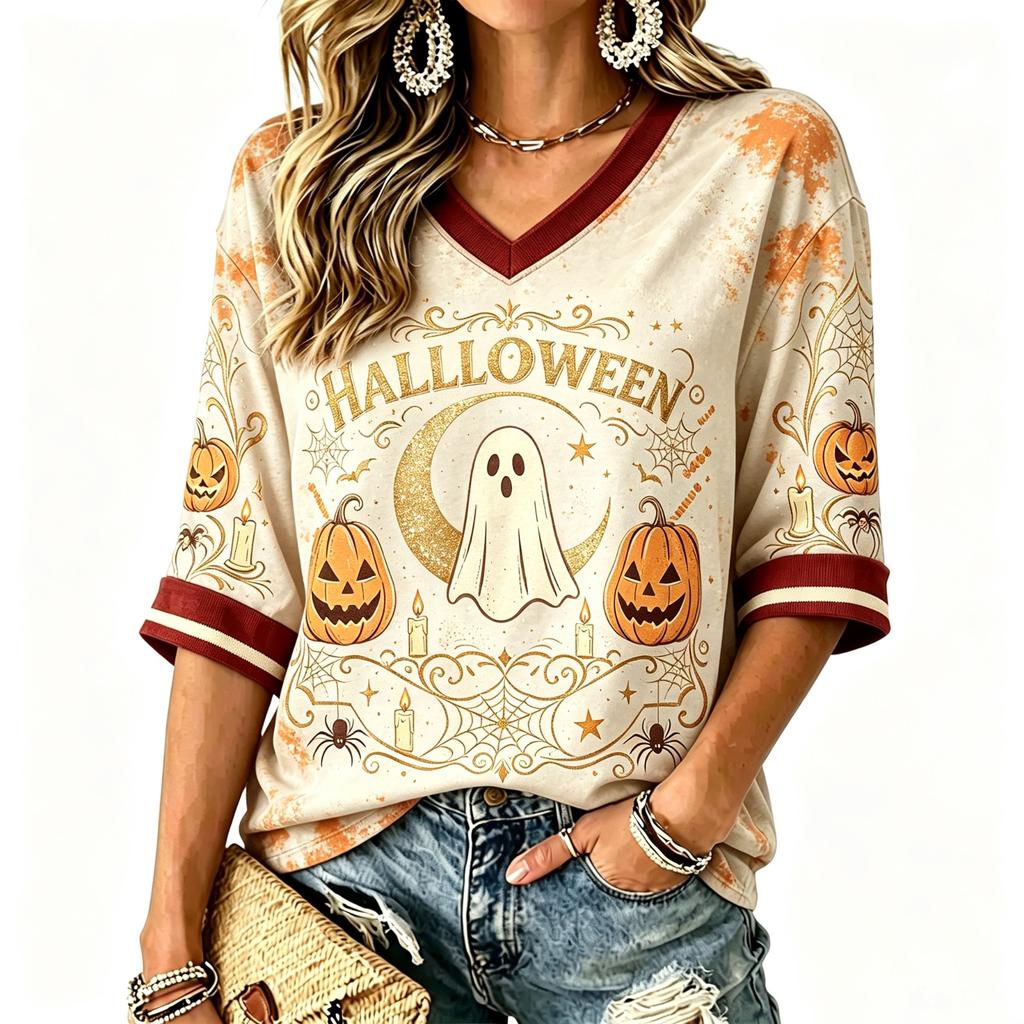 Women's Casual Halloween Print V-Neck T-Shirt for Holiday Party